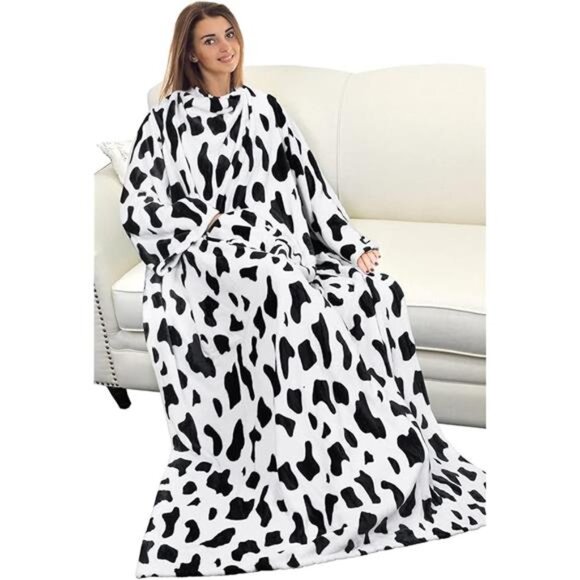 Cow Print Wearable Blanket with Sleeves and Pocket, Cozy Soft Fleece Mink Plush - Picture 7 of 7